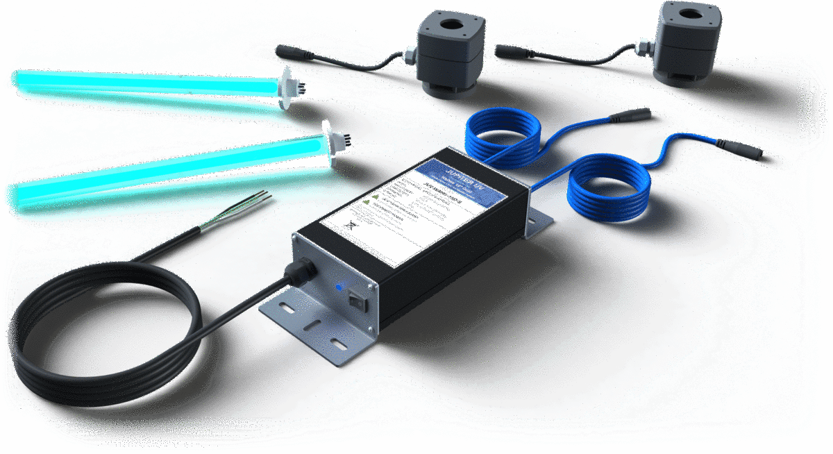 WAHU UV-C kit — power supply, lamps, mounts and cables laid out