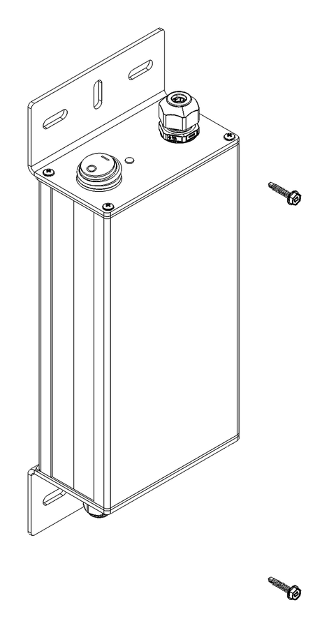 WAHU power supply CAD render — sealed aluminum enclosure with end brackets, cable gland, and switch